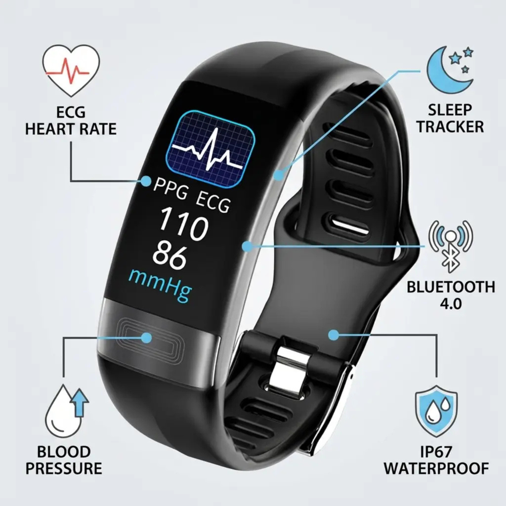 Smart Bracelet Blood Pressure Monitor EKG, Heart Rate, Oxygen Saturation – Fitness, Sleep Tracking