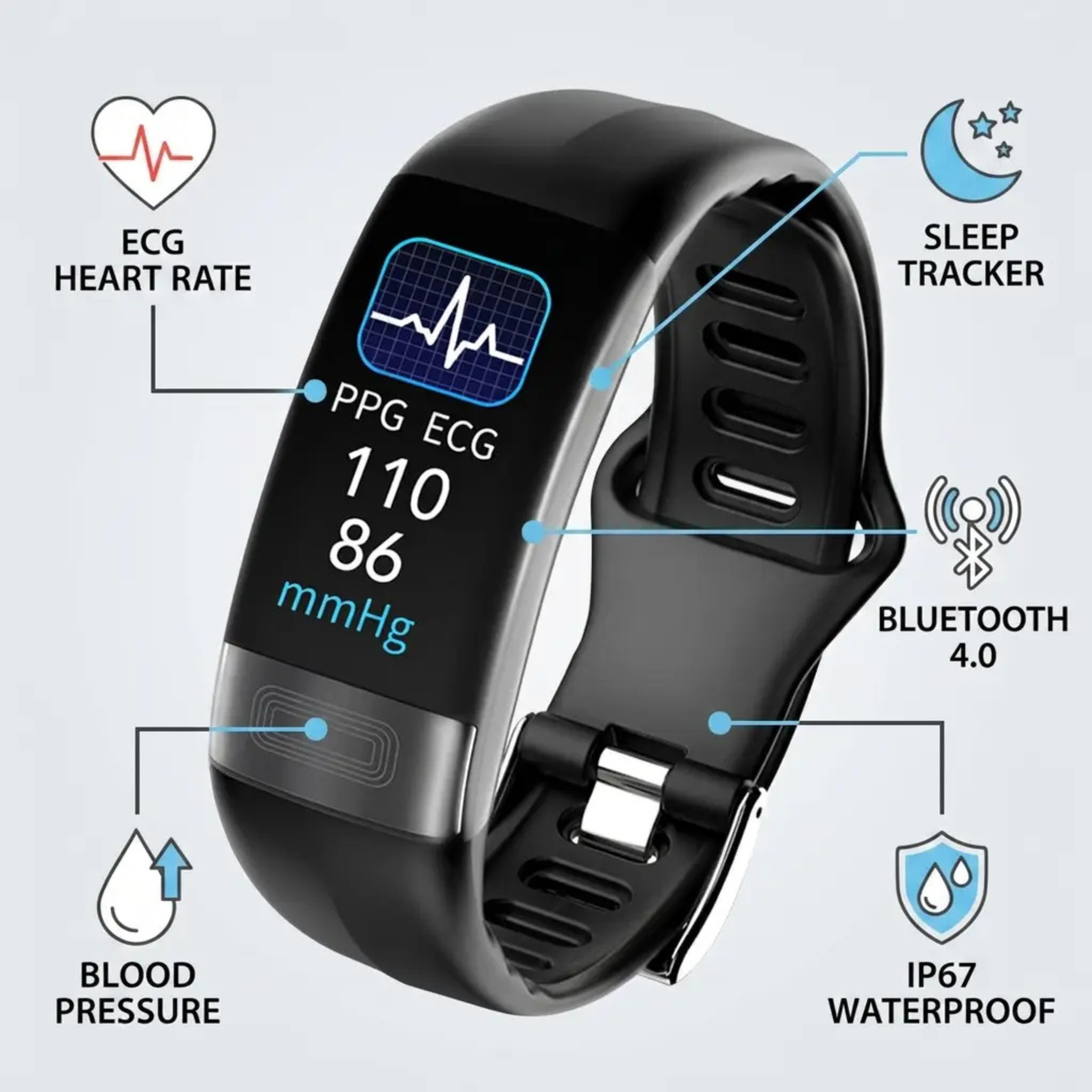 Smart Bracelet Blood Pressure Monitor EKG, Heart Rate, Oxygen Saturation – Fitness, Sleep Tracking