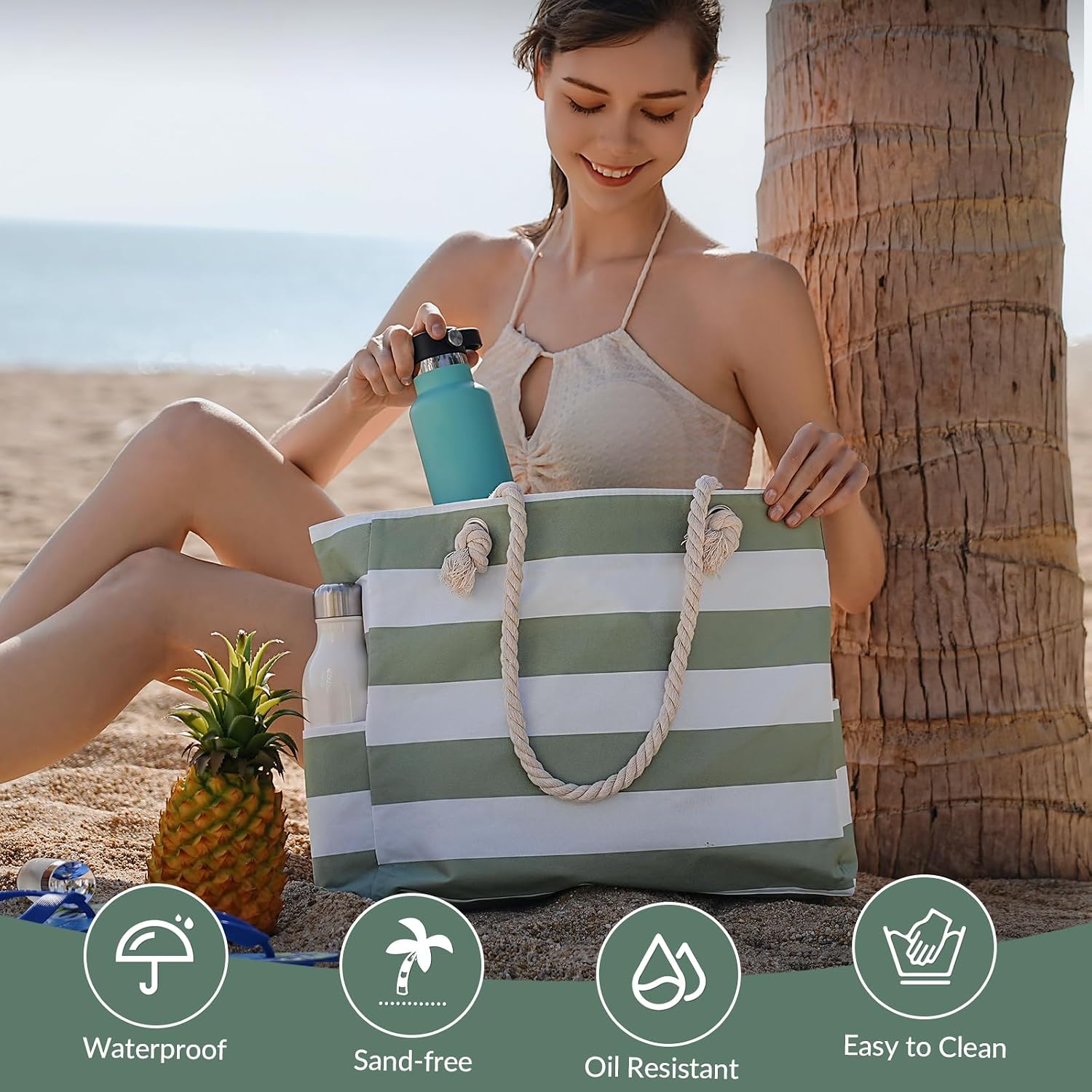 Large Waterproof Beach Tote Bag with Zipper, Sandproof Design – Summer Outings, Travel