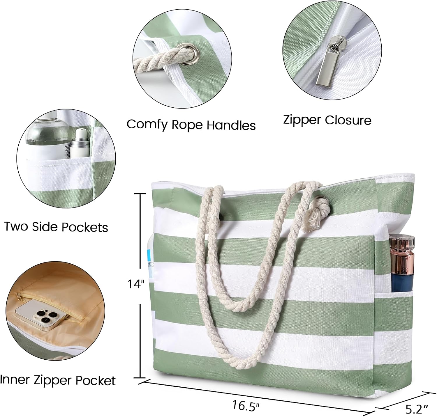 Large Waterproof Beach Tote Bag with Zipper, Sandproof Design – Summer Outings, Travel