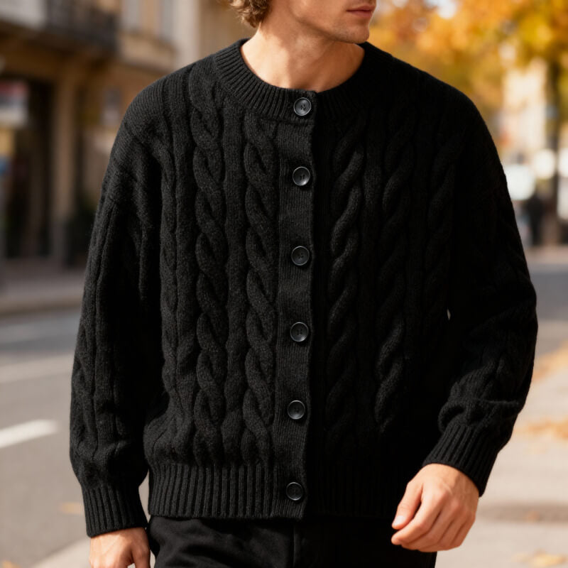 Classic Cable Knit Cardigan for Men with Button Placket – Casual, Office