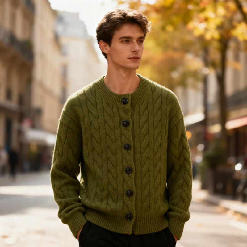 Classic Cable Knit Cardigan for Men with Button Placket – Casual, Office