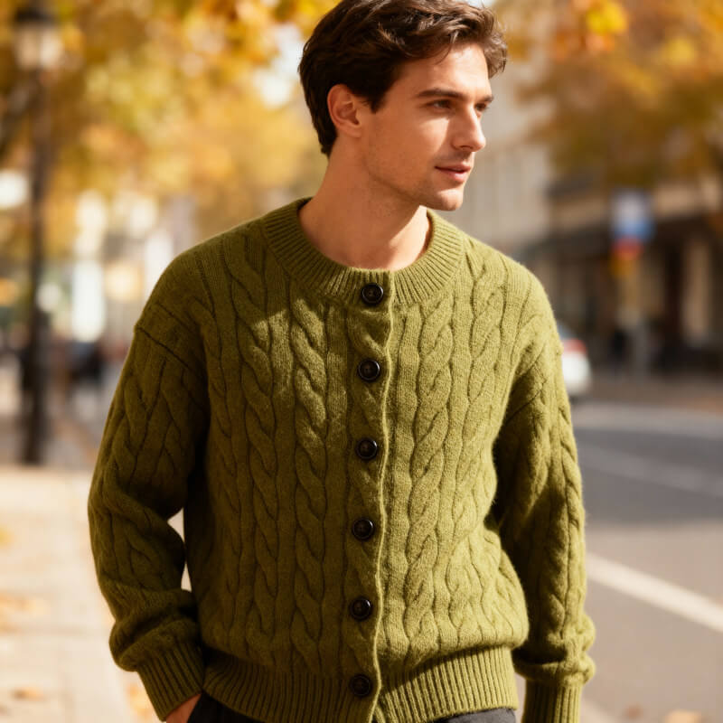 Classic Cable Knit Cardigan for Men with Button Placket – Casual, Office