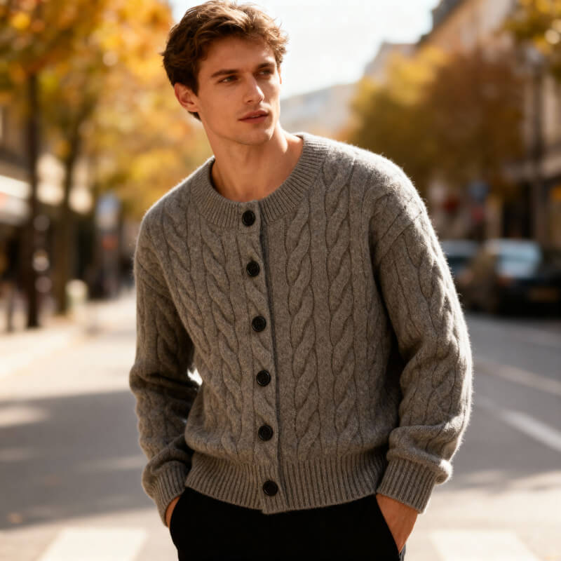 Classic Cable Knit Cardigan for Men with Button Placket – Casual, Office