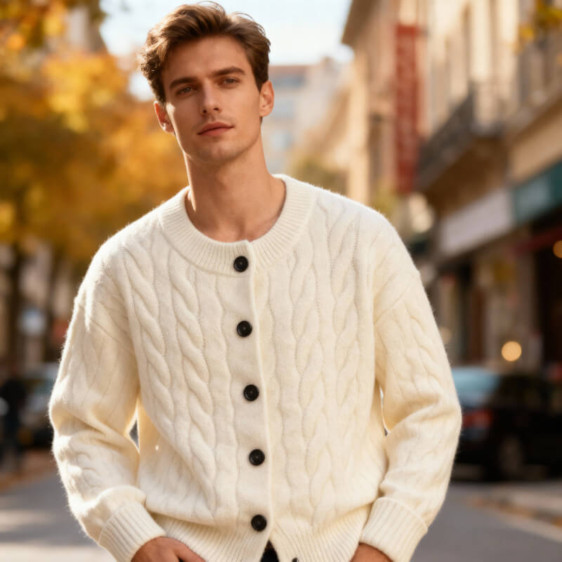 Classic Cable Knit Cardigan for Men with Button Placket – Casual, Office