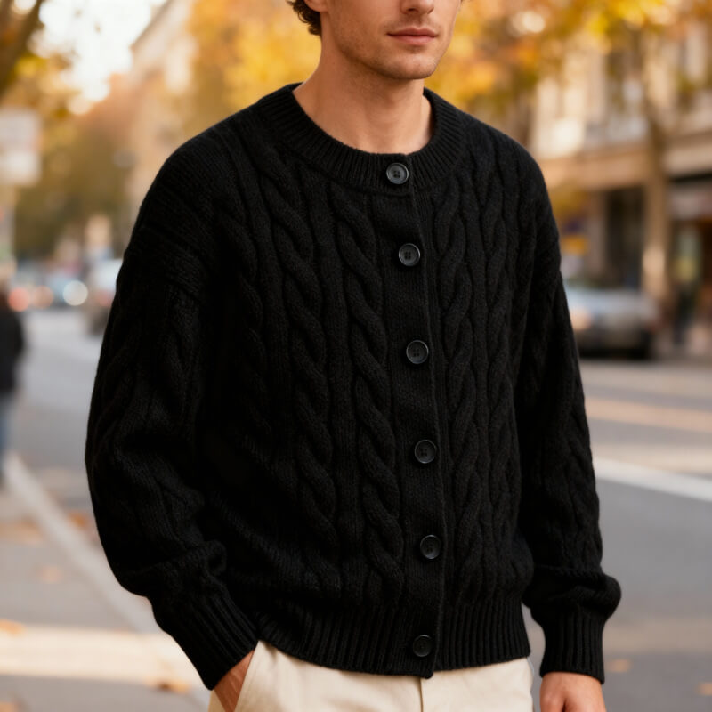 Classic Cable Knit Cardigan for Men with Button Placket – Casual, Office