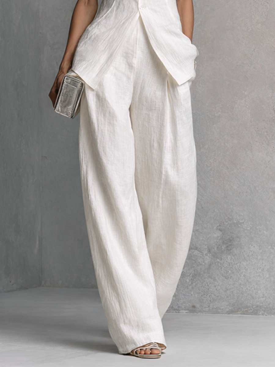 Cotton Linen Sleeveless Top and Wide-Leg Pants Set for Women - Minimalist Outfit