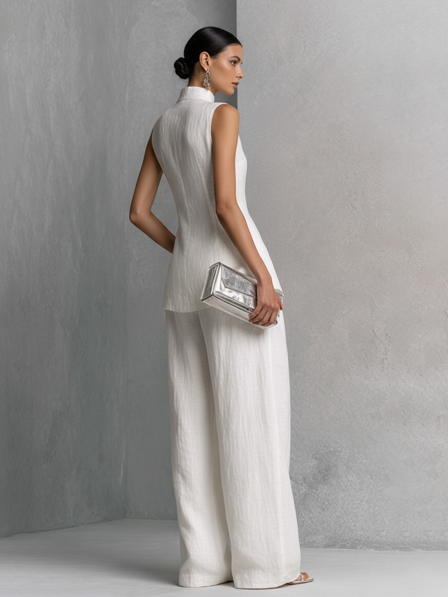 Cotton Linen Sleeveless Top and Wide-Leg Pants Set for Women - Minimalist Outfit
