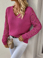 Elegant V-Neck Sweater for Women with Open Knit Sleeves – Casual, Office