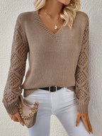 Elegant V-Neck Sweater for Women with Open Knit Sleeves – Casual, Office