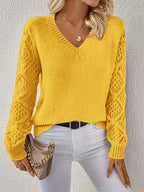Elegant V-Neck Sweater for Women with Open Knit Sleeves – Casual, Office