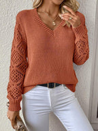 Elegant V-Neck Sweater for Women with Open Knit Sleeves – Casual, Office