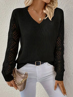 Elegant V-Neck Sweater for Women with Open Knit Sleeves – Casual, Office