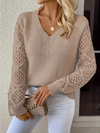 Elegant V-Neck Sweater for Women with Open Knit Sleeves – Casual, Office