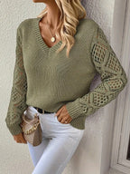 Elegant V-Neck Sweater for Women with Open Knit Sleeves – Casual, Office