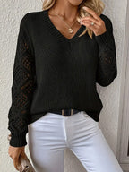 Elegant V-Neck Sweater for Women with Open Knit Sleeves – Casual, Office