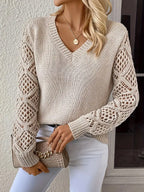 Elegant V-Neck Sweater for Women with Open Knit Sleeves – Casual, Office