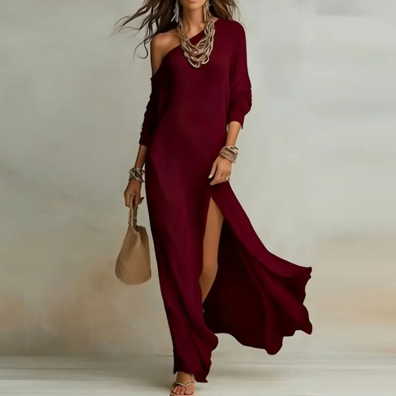 One-Shoulder Maxi Dress with Split Hem – Bohemian Holiday Party Dress