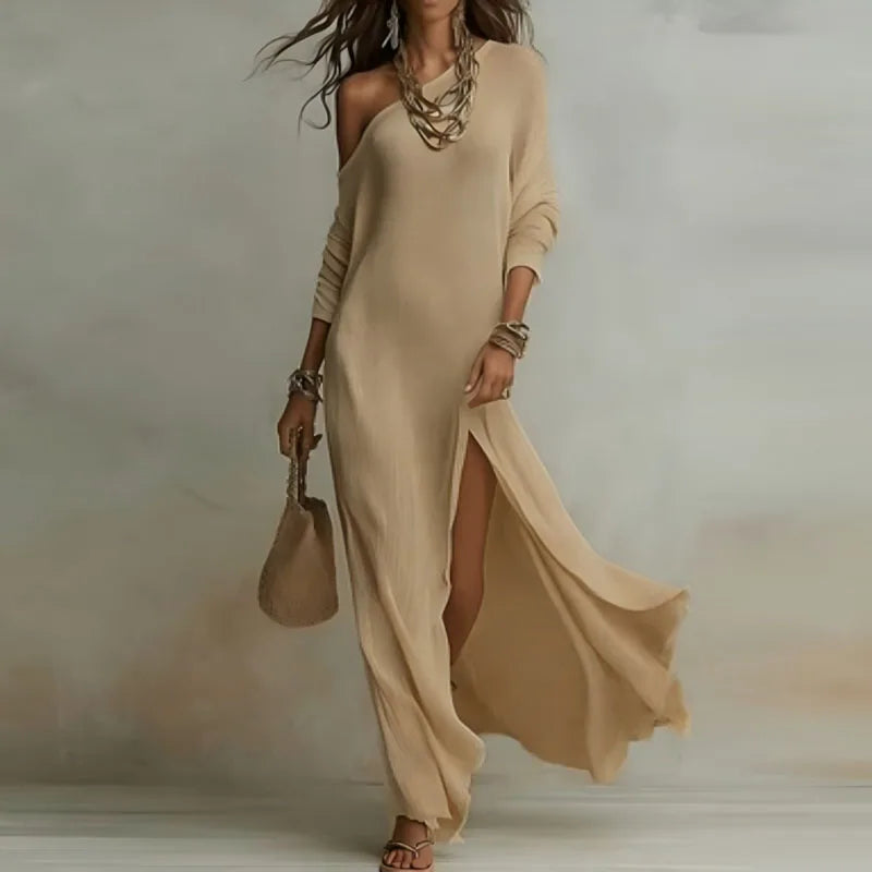 One-Shoulder Maxi Dress with Split Hem – Bohemian Holiday Party Dress