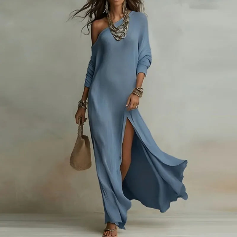 One-Shoulder Maxi Dress with Split Hem – Bohemian Holiday Party Dress