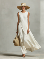 Ivory Linen Sleeveless Dress with Asymmetric Hem - Casual Contemporary Women's Wear