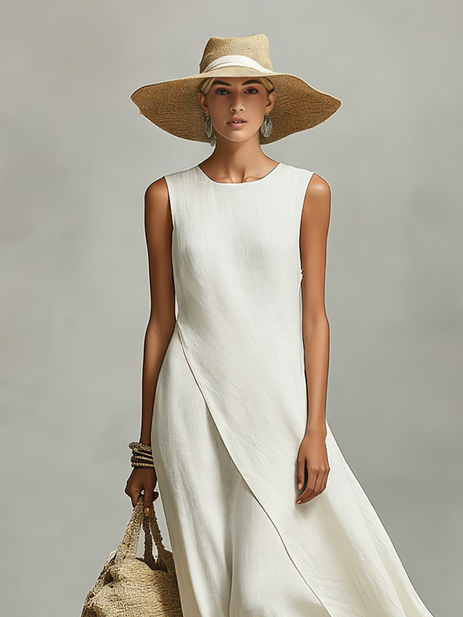 Ivory Linen Sleeveless Dress with Asymmetric Hem - Casual Contemporary Women's Wear