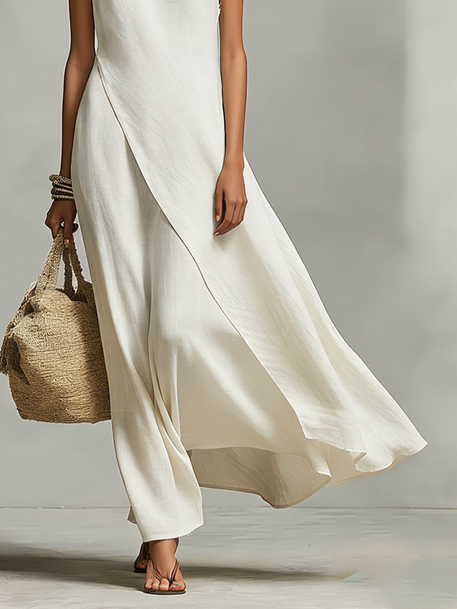 Ivory Linen Sleeveless Dress with Asymmetric Hem - Casual Contemporary Women's Wear