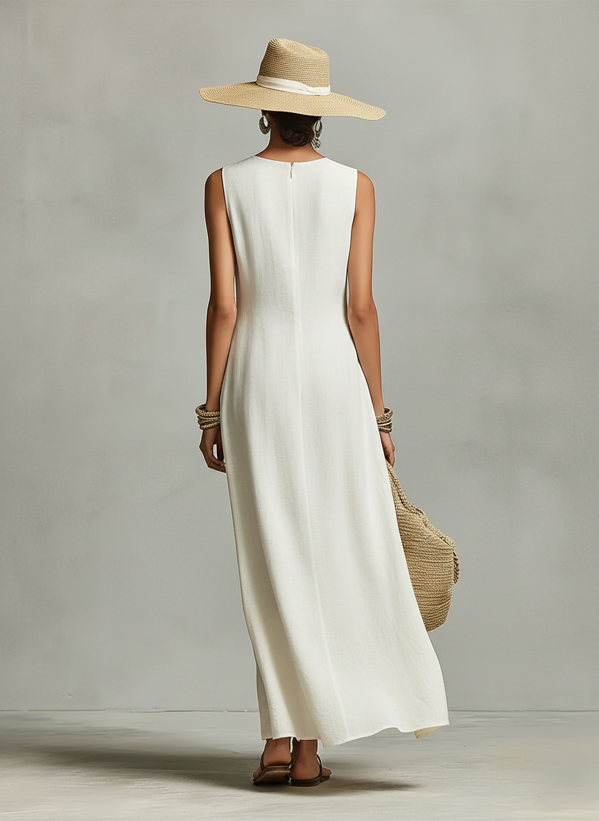 Ivory Linen Sleeveless Dress with Asymmetric Hem - Casual Contemporary Women's Wear