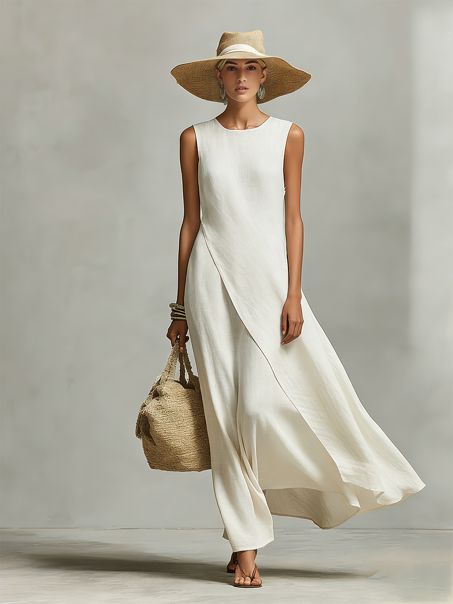 Ivory Linen Sleeveless Dress with Asymmetric Hem - Casual Women's Fashion