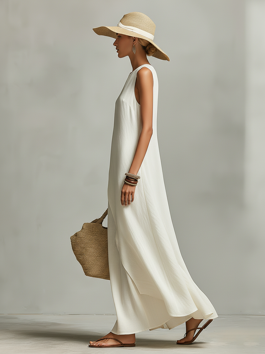 Ivory Linen Sleeveless Dress with Asymmetric Hem - Casual Women's Fashion