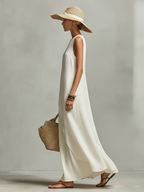Ivory Linen Sleeveless Dress with Asymmetric Hem - Casual Women's Fashion