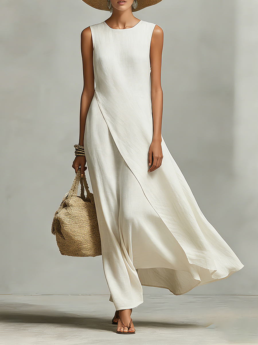 Ivory Linen Sleeveless Dress with Asymmetric Hem - Casual Women's Fashion