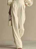 Ivory Textured Women's Set with Ribbed Crew Neck & High-Waisted Bottoms
