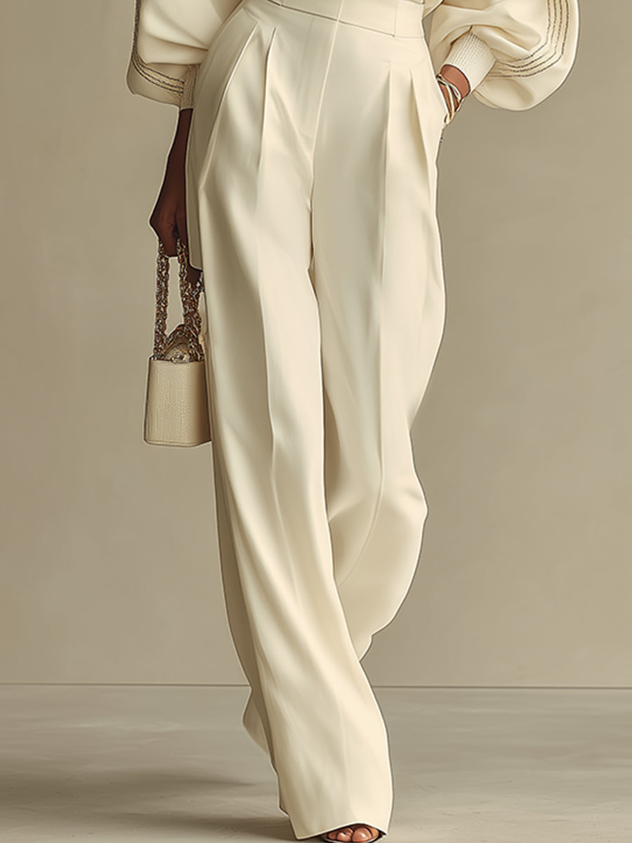 Ivory Textured Women's Set with Ribbed Crew Neck & High-Waisted Bottoms