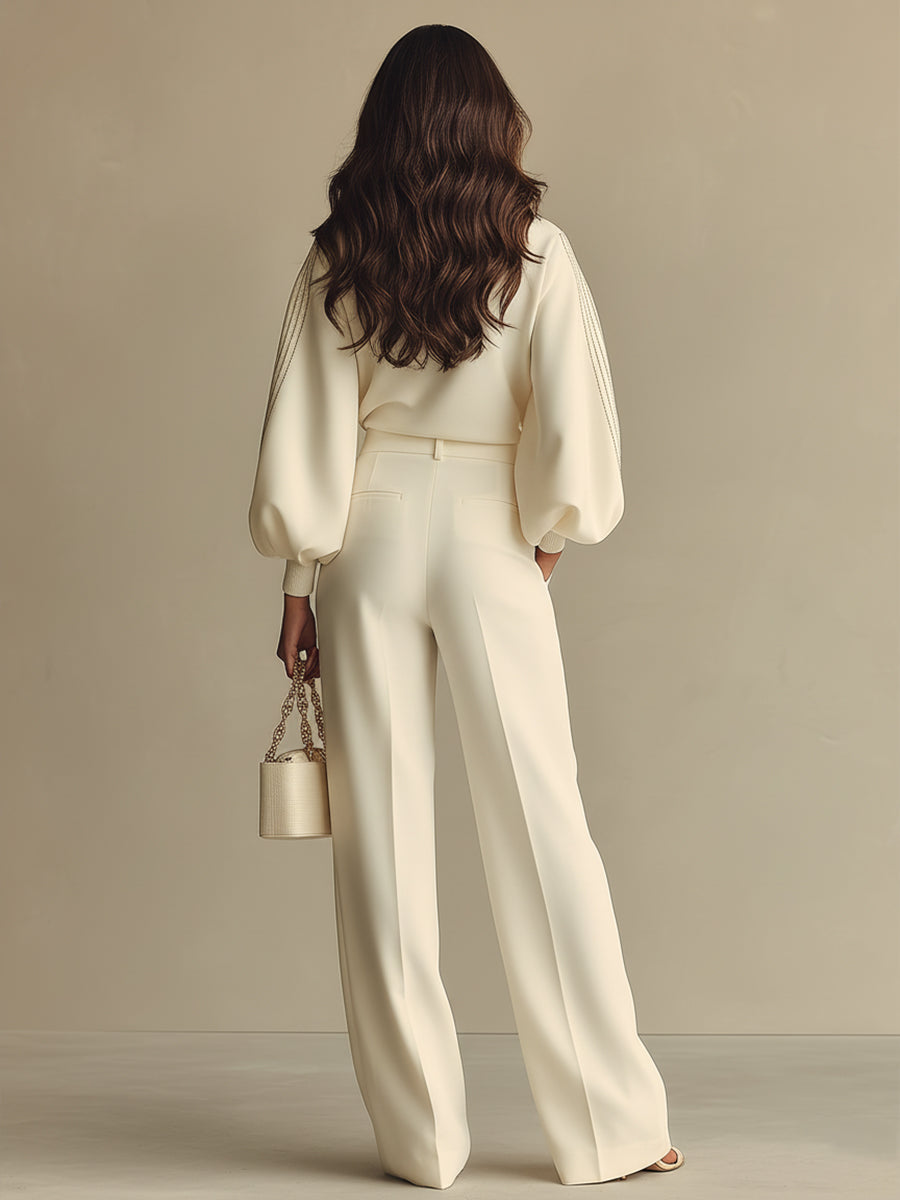 Ivory Textured Women's Set with Ribbed Crew Neck & High-Waisted Bottoms