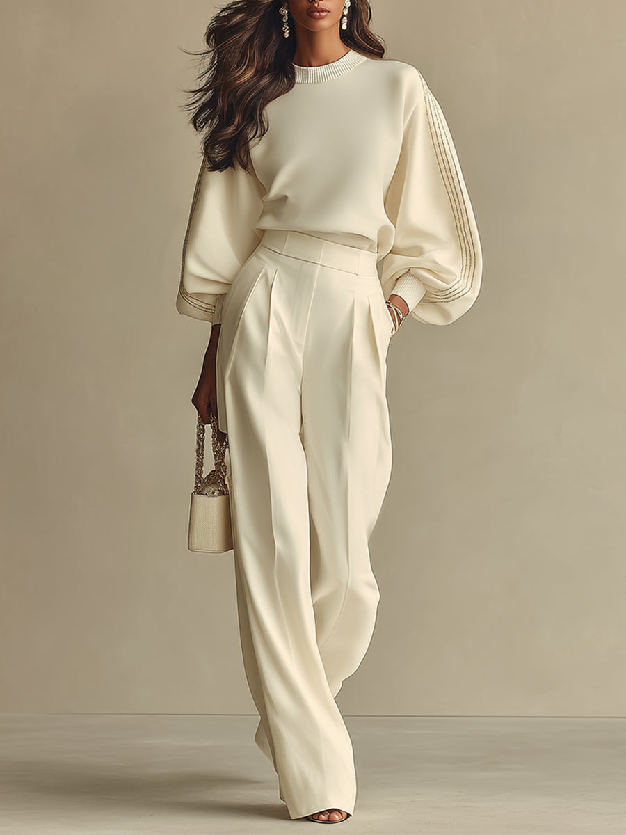 Ivory Textured Women's Set with Ribbed Crew Neck & High-Waisted Bottoms