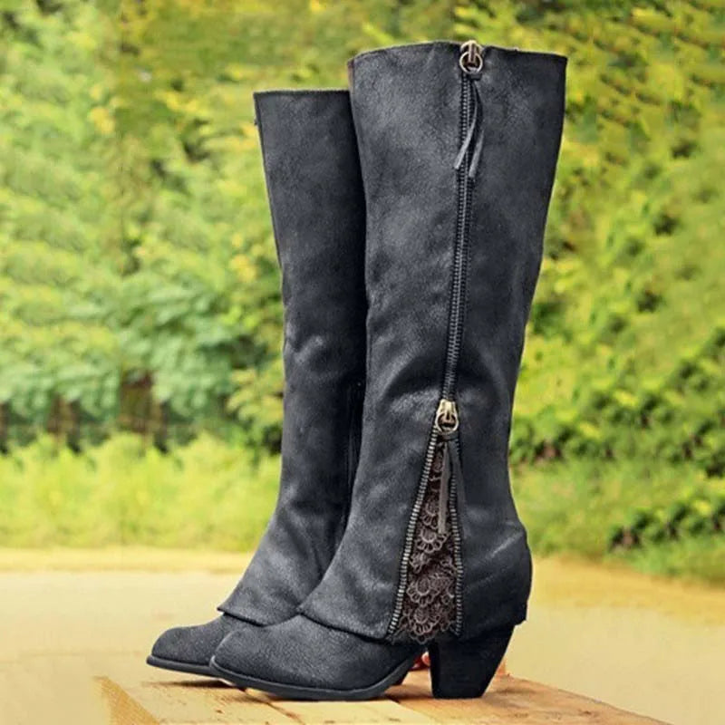 Knee-High Boots for Women with Side Zip Lace Detail – Casual, Everyday Wear