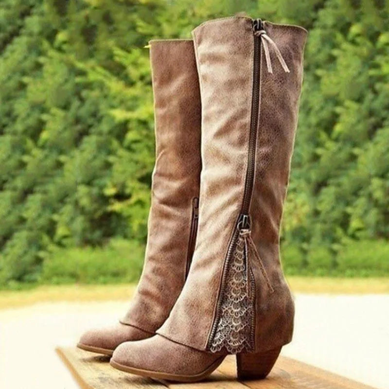 Knee-High Boots for Women with Side Zip Lace Detail – Casual, Everyday Wear