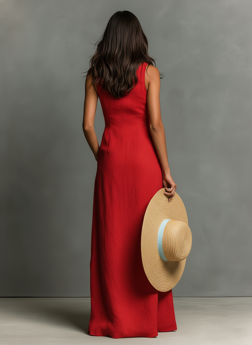 Linen-Blend Sleeveless Maxi Shirt Dress for Women - Minimalist Collared Design