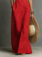 Linen-Blend Sleeveless Maxi Shirt Dress for Women - Minimalist Collared Design