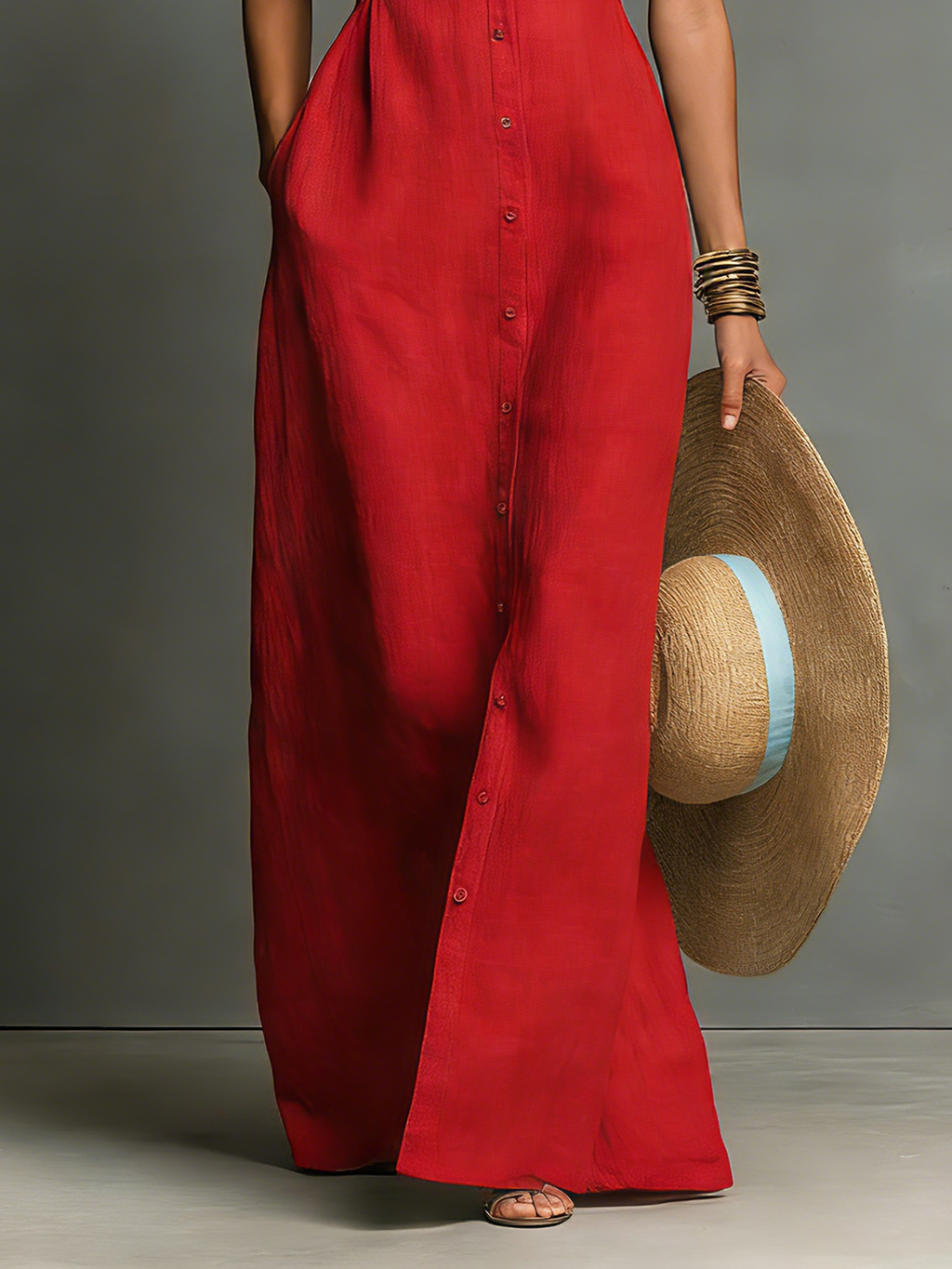 Linen-Blend Sleeveless Maxi Shirt Dress with Collared Design for Women