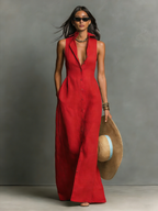 Linen-Blend Sleeveless Maxi Shirt Dress with Collared Design for Women