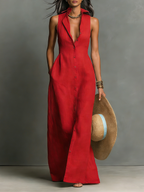 Linen-Blend Sleeveless Maxi Shirt Dress with Collared Design for Women