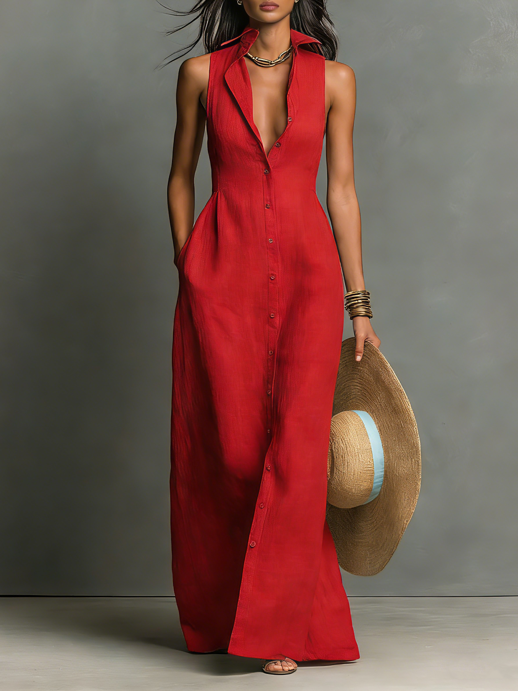 Linen-Blend Sleeveless Maxi Shirt Dress with Collared Design for Women