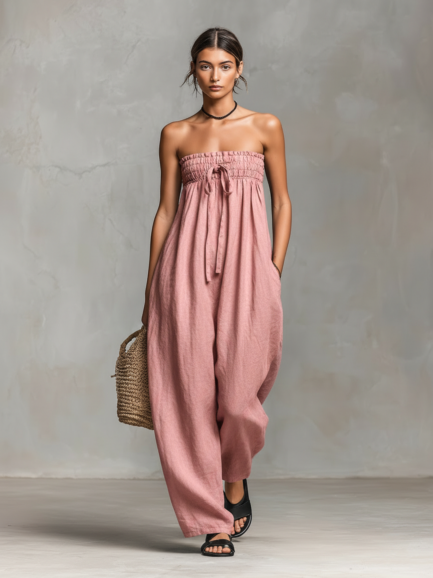 Linen-Blend Strapless Jumpsuit for Women - Loose-Fitting Summer Outfit
