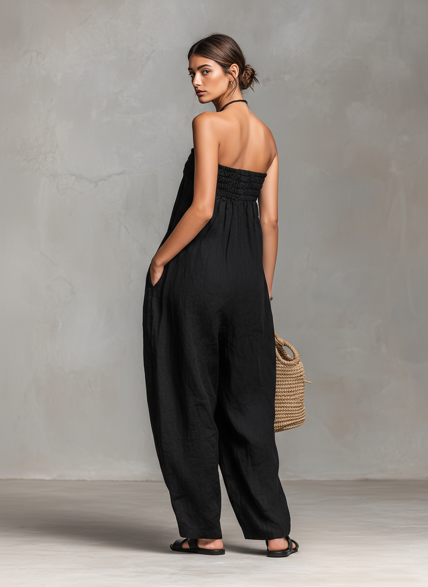 Linen Blend Strapless Jumpsuit for Women - Minimalist Loose Fit with Tie Closure