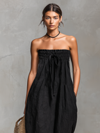 Linen Blend Strapless Jumpsuit for Women - Minimalist Loose Fit with Tie Closure