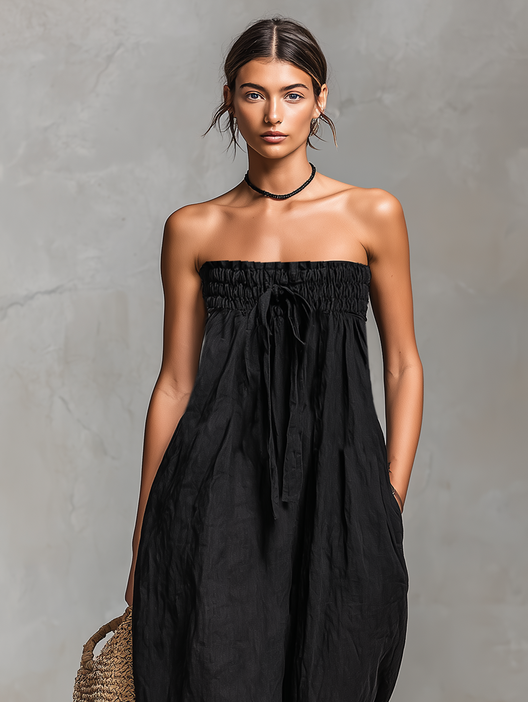 Linen Blend Strapless Jumpsuit for Women - Minimalist Loose Fit with Tie Closure
