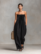 Linen Blend Strapless Jumpsuit for Women - Minimalist Loose Fit with Tie Closure