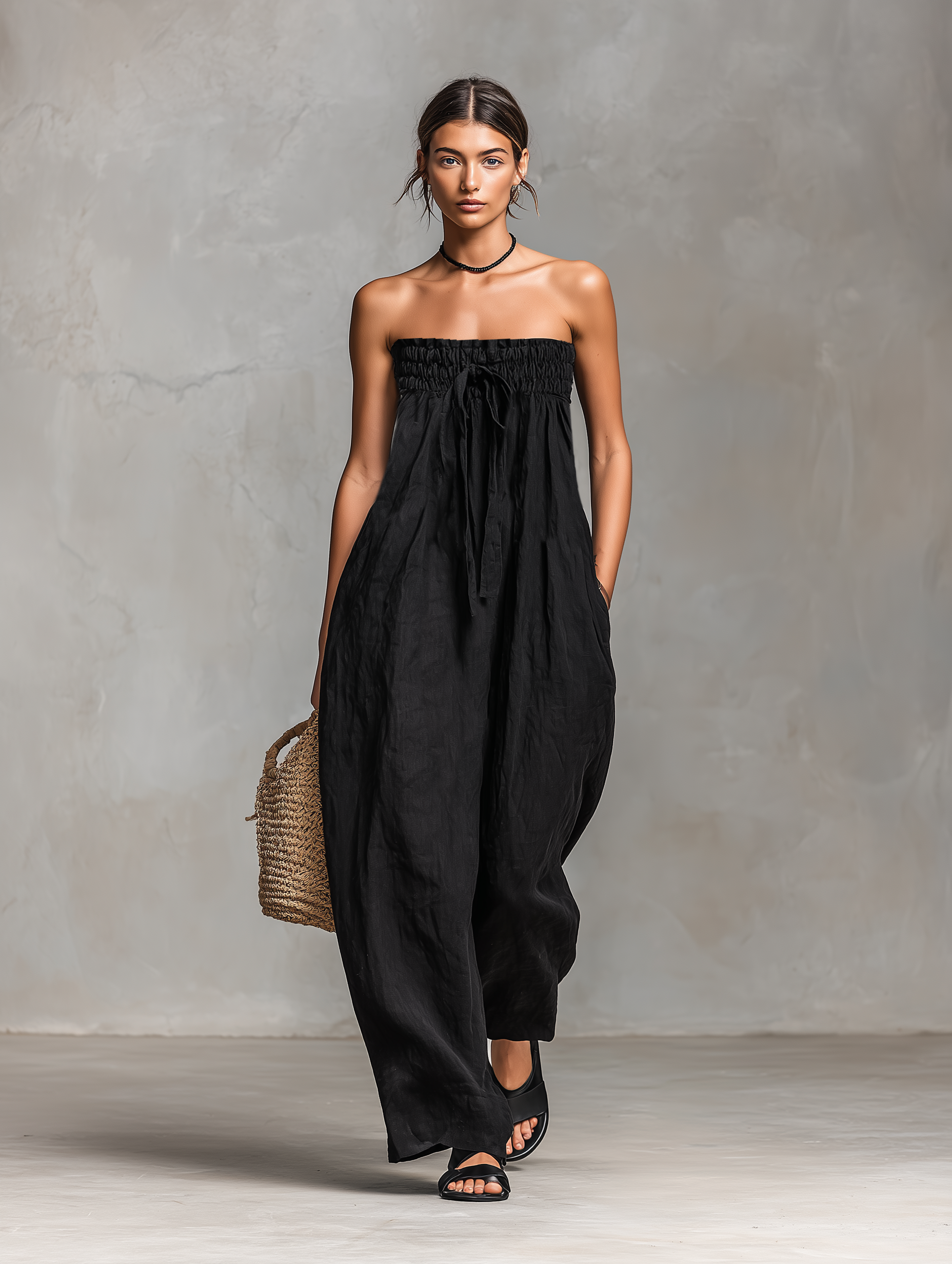 Linen Blend Strapless Jumpsuit for Women - Minimalist Loose Fit with Tie Closure